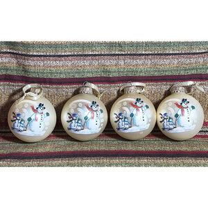 Set Of 4 Glass Snowman Family‎ Sledding Christmas Ornament Carol E Culhane Art